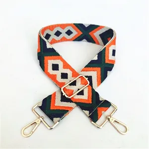 Close-up of ethnic geometric diamond pattern on adjustable woven bag shoulder strap