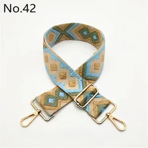 Close-up of ethnic geometric jacquard bag strap with polished gold metal hardware