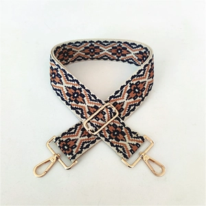 Ethnic style adjustable shoulder strap with geometric diamond patterns and gold buckles