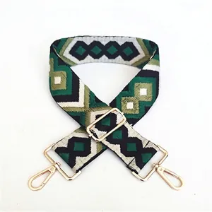 Detail of adjustable ethnic geometric weave strap with golden metal lobster clasps