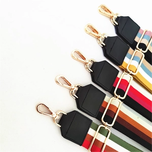 Detail of adjustable wide canvas shoulder straps with gold hardware and PU leather ends