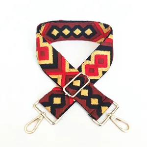 Close-up of ethnic style embroidered bag strap with colorful geometric diamond patterns