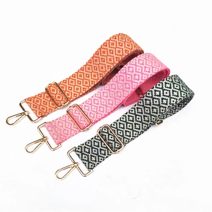 Ethnic geometric jacquard woven bag straps with adjustable gold metal buckles
