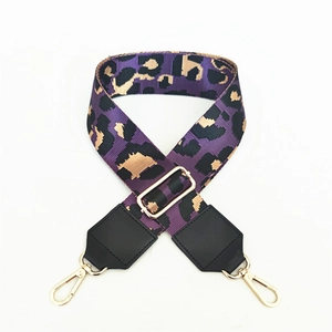 Adjustable purple leopard print shoulder strap with gold metal buckles for bags