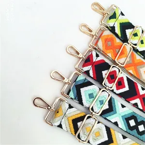 Detailed close-up of colorful ethnic style woven bag straps with gold metal clasps