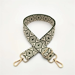 Detail of adjustable ethnic woven bag strap with green geometric pattern and gold clips