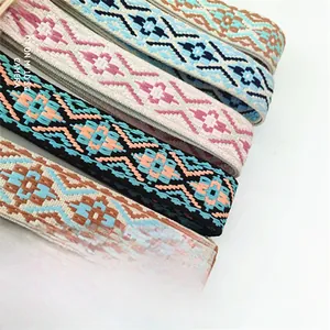 Detailed macro view of woven ethnic patterns on adjustable bohemian purse straps
