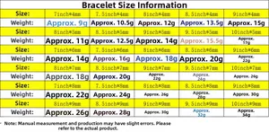Size chart for cuban link bracelets showing length, width and weight in inches and mm