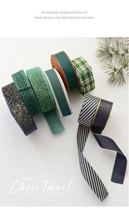 Detailed view of various Christmas ribbons with forest green and vintage plaid textures