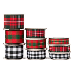 Assorted Christmas plaid ribbons set with red green and buffalo check patterns for DIY crafts