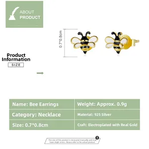 Detail showing 925 silver bee stud earrings with gold plating and size 0.7*0.8cm