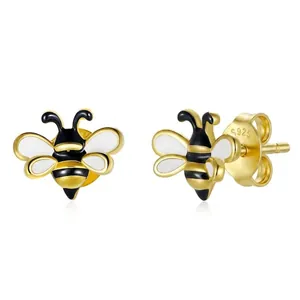 Bee Stud Earrings With 925 Sterling Silver Earring Post Gold Plated Enamel Cute Animal Insect Jewelry For Women Girls