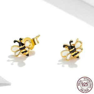 S925 sterling silver honey bee stud earrings with gold plating and white enamel wings