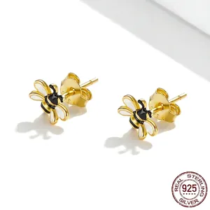 Exquisite S925 sterling silver honey bee stud earrings with yellow enamel and gold plating