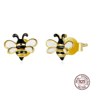 S925 sterling silver honey bee stud earrings with gold plating and enamel details