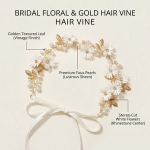 Detailed macro view of white fabric flowers, pearls, and gold leaves on a bridal hair vine