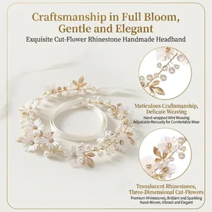 Floral bridal headband with white fabric daisies, gold leaves, pearls and adjustable ribbons