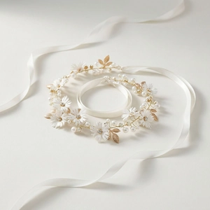 Elegant bridal floral headband with white daisies, pearls, and golden leaves for weddings