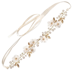Elegant white fabric flower bridal headband with pearls and gold leaf accents on a silk ribbon