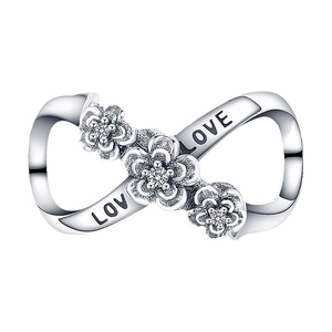 Silver infinity love charm with matte floral details and sparkling zircons for bracelets