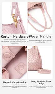 Detailed views of pink woven leather tote with gold buckle and adjustable strap
