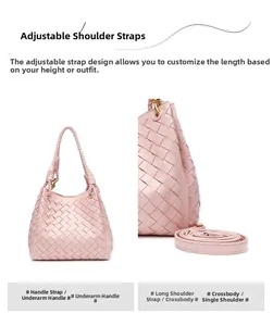 Detail of hand-woven light pink leather texture and detachable shoulder strap on tote bag