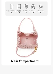 Detail view of pink woven leather bucket bag showing large capacity for everyday items