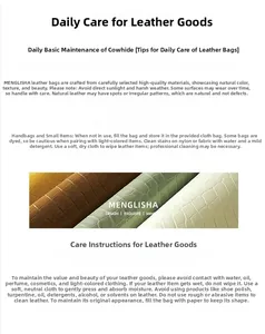 Care guide for woven leather handbags showing cowhide textures and maintenance tips