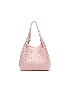 Hand Woven PU Leather Shoulder Handbag For Women Vintage Hobo Crossbody Bag With Golden Knot Metal Buckle