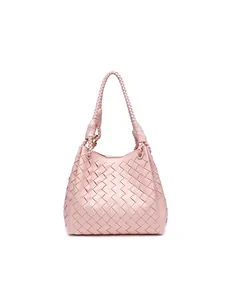Pink purple woven leather hobo bag with gold hardware and wide woven strap detail