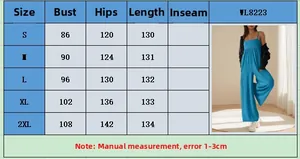 Size chart for women's summer sleeveless wide-leg jumpsuit showing S to 2XL measurements