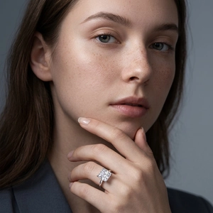 Classic princess cut moissanite ring with a silver-colored band on model's finger