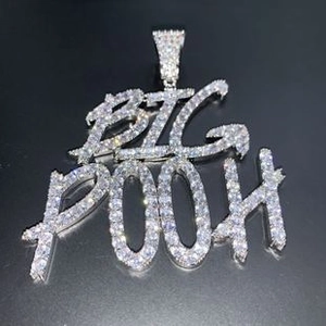 Macro view of silver color BIG POOH pendant with cubic zirconia micro-pave setting