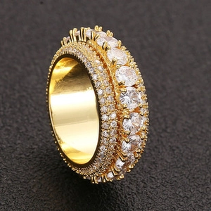 Detailed view of hip hop gold ring with four rows of micro-pave white zircon stones