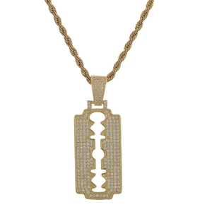 Hip hop razor blade pendant necklace in gold finish with iced out cubic zirconia stones