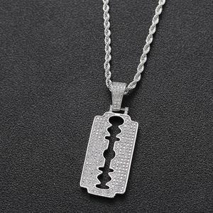 Hip hop silver razor blade pendant with micro-pave zircons and steel rope chain