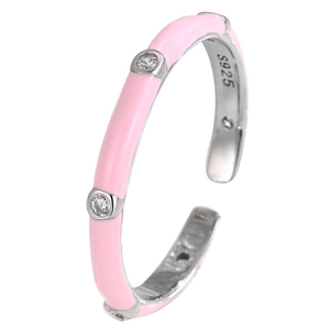 S925 sterling silver open ring with pink enamel and bright cubic zirconia stones