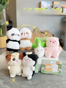 Detail view of cute magnetic animal plush charms including panda bear and piglet