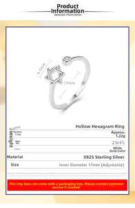 Technical size diagram for S925 sterling silver hollow hexagram ring with dimensions
