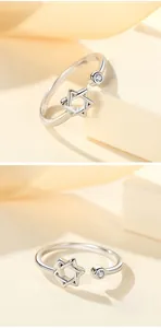 Detailed view of S925 sterling silver hexagram ring with minimalist adjustable open band