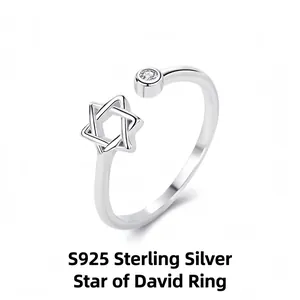 S925 Sterling Silver Hexagram Star Open Ring For Women Minimalist Zircon Adjustable Finger Ring Fashion Jewelry Gift