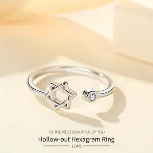 Minimalist S925 sterling silver open ring with hollow hexagram star and round zircon stone