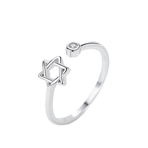 Minimalist S925 sterling silver hexagram open ring with sparkling zircon stone