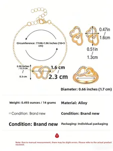Détails du coffret bijoux doré avec dimensions du bracelet, des boucles et de la bague