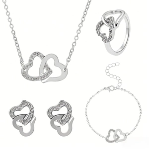 Parure de bijoux élégante 4 pièces avec collier et boucles d'oreilles cœurs entrelacés