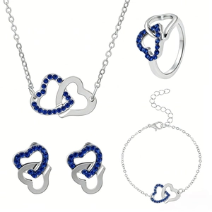 Parure de bijoux coeurs en cristal bleu avec collier, bague, boucles et bracelet