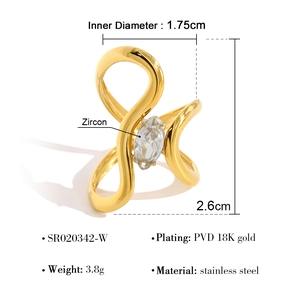 Macro detail showing dimensions of a 18K gold-plated stainless steel floral zircon ring