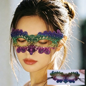 Rainbow lace masquerade mask with intricate hollow patterns and black ribbon tie for parties