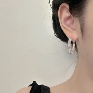 Detail of silver textured hoop earring with a sparkling woven surface on a model ear