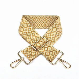 Ethnic wide woven bag strap with yellow geometric patterns and golden metal swivel clasps